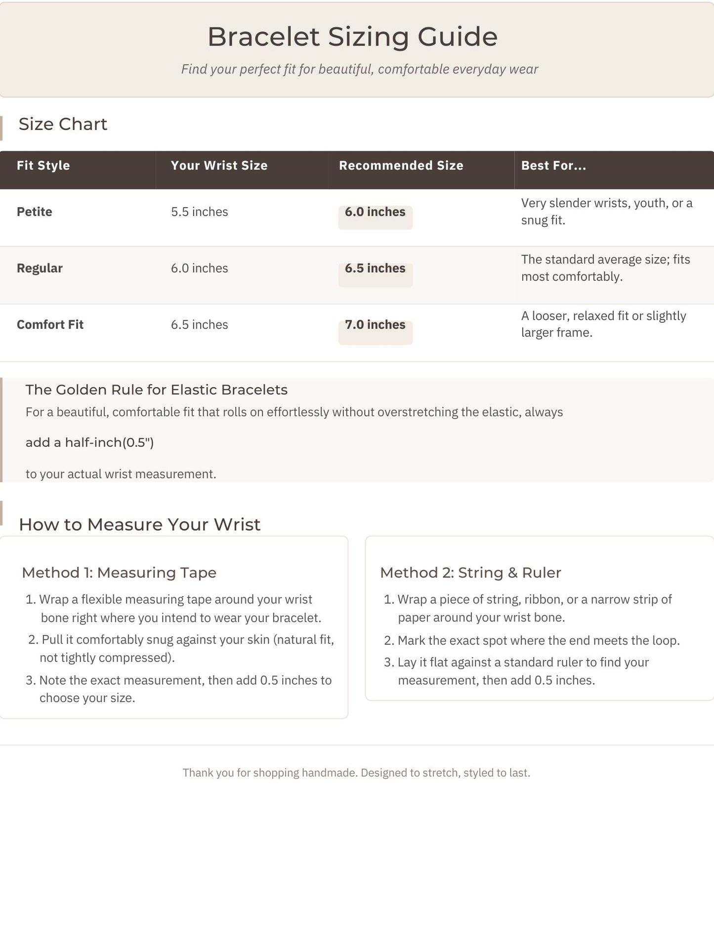 Bracelet sizing guide with measurement chart and instructions.