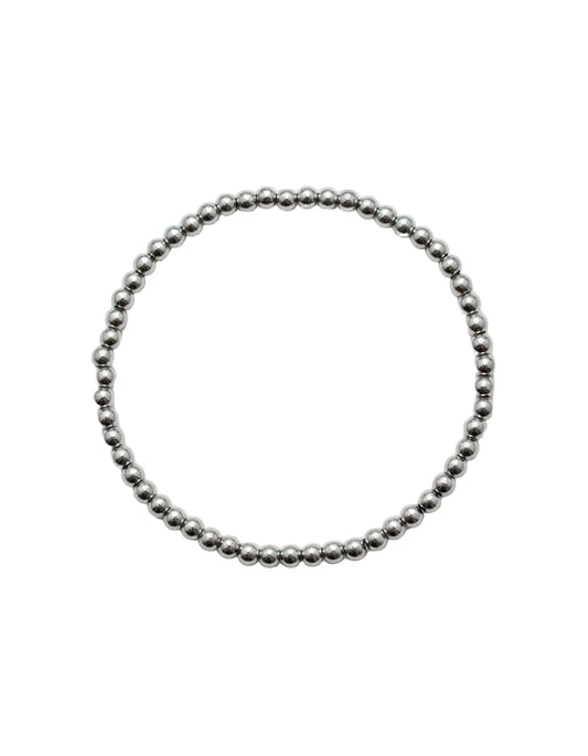 Silver beaded bracelet on a white background